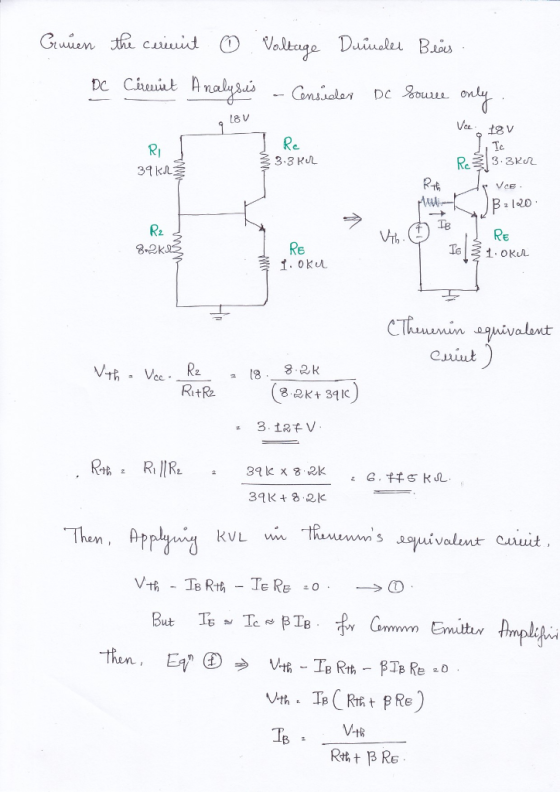 L8V Guien the current o Voltage Dunder Bes. DC Cireriet Analyses - Consider Dc Souree only. ve: 18V I, Ic Rc 3.3 Oz Rth tp ve
