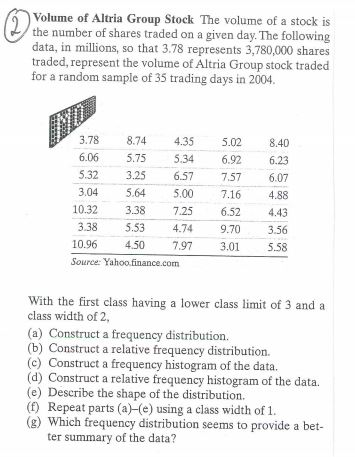 Volume of Altria Group Stock The volume of a stock is the number of shares traded on a given day. The following data, in millions, so that 3.78 represents 3,780,000 shares traded, represent the volume of Altria Group stock traded for a random sample of 35 trading days in 2004 3.78 8.74 4.35 5.02 8.40 6.06 5.75 5.34 6.92 6.23 5.32 3.25 657 7.57 6.07 3.04 5.64 5.00 7.16 4.88 10.32 3.38 725 6.52 4.43 3.38 5.53 4.74 9.70 3.56 10.96 450 797 3.01 558 With the first class having a lower class limit of 3 and a class width of 2 (a) Construct a frequency distribution. (b) Construct a relative frequency distribution. (c) Construct a frequency histogram of the data. (d) Construct a relative frequency histogram of the data. (e) Describe the shape of the distribution. (f) Repeat parts (a)-(e) using a class width of 1 (g) Which frequency distribution seems to provide a bet- ter summary of the data?
