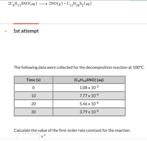 2C6H12SNO(aq) + 2NO(g) +C12H26S2(aq) v 1st attempt The following data were collected for the decomposition reaction at 100°C.