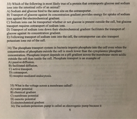 33) Which of the following is most likely true of a protein that cotransports glucose and sodium ions into the intestinal cel