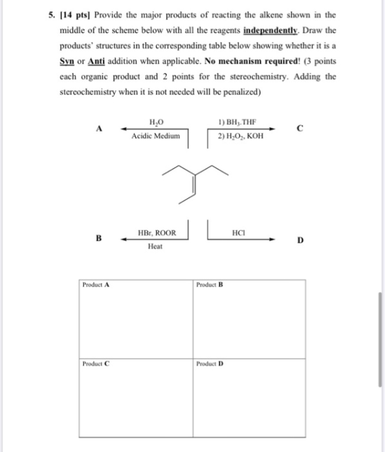 5. [14 pts] Provide the major products of reacting the alkene shown in the middle of the scheme below with all the reagents i