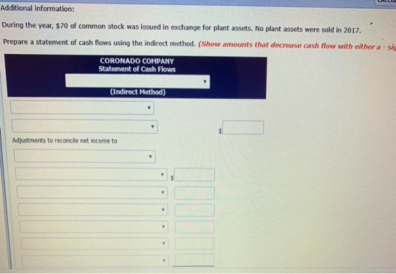 Additional information: During the year, $70 of common stock was issued in exchange for plant assets. No plant assets were so
