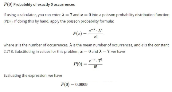 P(0) Probability of exactly 0 occurrences If using a calculator, you can enter A-7and x 0 into a poisson probability distribution function (PDF). If doing this by hand, apply the poisson probability formula: where x is the number of occurrences, λ is the mean number of occurrences, and e is the constant 2.718. Substituting in values for this problem, x = 0 and λ 7, we have Evaluating the expression, we have P(0 0.0009