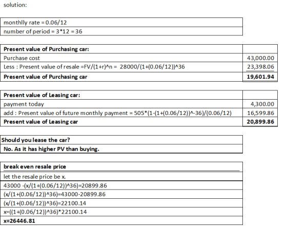 solution: monthlly rate = 0.06/12 number of period = 3*12 = 36 Present value of Purchasing car: Purchase cost Less : Present