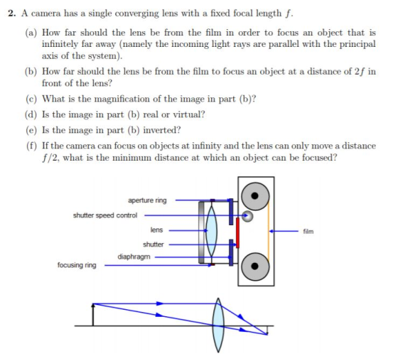 2. A camera has a single converging lens with a fixed focal length f. (a) How far should the lens be from the film in order to focus an object that is infinitely far away (namely the incoming light rays are parallel with the principal axis of the system) (b) How far should the lens be from the film to focus an object at a distance of 2f in front of the lens? (c) What is the magnification of the image in part (b)? (d) Is the image in part (b) real or virtual? (e) Is the image in part (b) inverted? (f) If the camera can focus on objects at infinity and the lens can only move a distance f/2, what is the minimum distance at which an object can be focused? aperture ring shutter speed control lens film shutter focusing ring