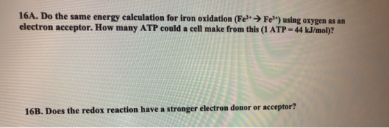 16A. Do the same energy calculation for iron oxidation (Fe2+ → Fest) using oxygen as an electron acceptor. How many ATP could