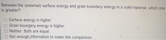 Between the (external) surface energy and grain boundary energy in a solid material, which one is greater? Surface energy is