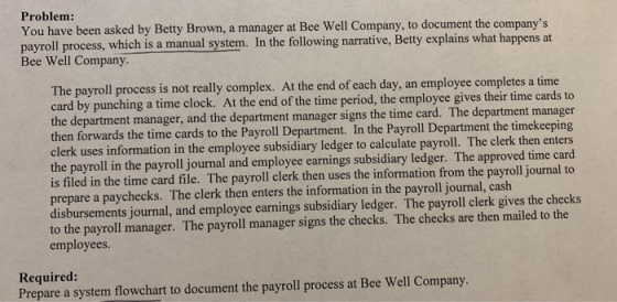 Problem: You have been asked by Betty Brown, a manager at Bee Well Company, to document the companys payroll process, which