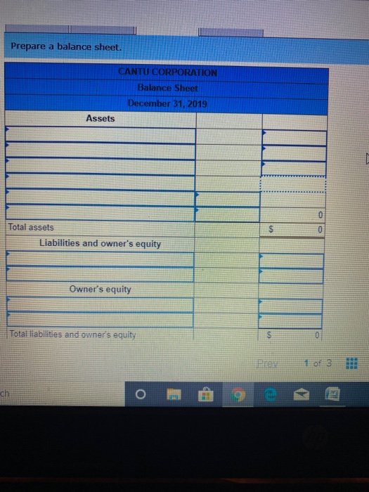 Prepare a balance sheet. CANTU CORPORATION Balance Sheet December 31, 2019 Assets Total assets Liabilities and owners equity