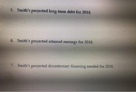 5. Smiths projected long-term debt for 2018. 6. Smiths projected retained earnings for 2018. 7. Smiths projected discretio