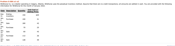 Problem 6-08A a1-a2 Wildhorse Co. is a retailer operating in Calgary, Alberta. Wildhorse uses the perpetual inventory method.