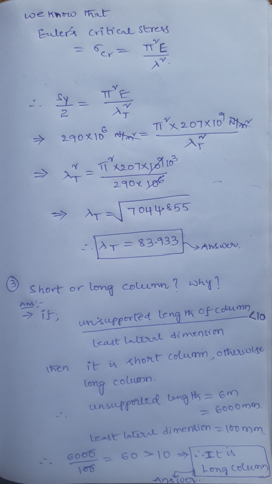 we know that Eulers critical stress bert TE A” sy TT X 207x10 290x10° rotor V TX207x127 103 290x106 A 704 4855 IST 83.933 •