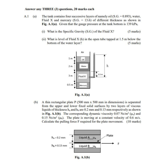 Answer any THREE (3) questions, 20 marks each A.1 (a) The tank contains four successive layers of namely oil (S.G.=0.893), wa