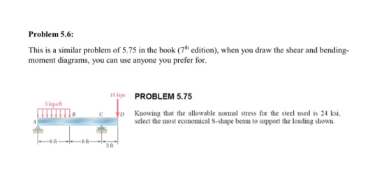 Problem 5.6: This is a similar problem of 5.75 in the book (7th edition), when you draw the shear and bending- moment diagram