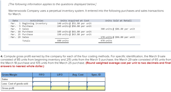 [The following information applies to the questions displayed below.) Warnerwoods Company uses a perpetual inventory system.