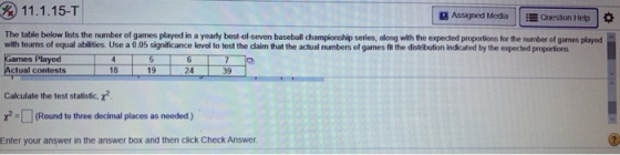 11.1.15-T Assigned Media Question Help The table below lists the number of games played in a yearly best-of-seven baseball ch