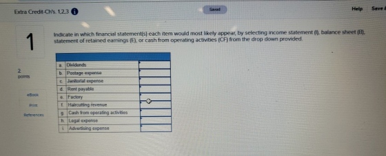 Extra Credit-Chs 123 Saved Help Save Indicate in which financial statement(s) each item would most likely appear, by selecti