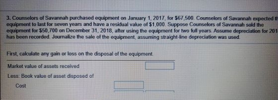 3. Counselors of Savannah purchased equipment on January 1, 2017, for $67,500. Counselors of Savannah expected th equipment t