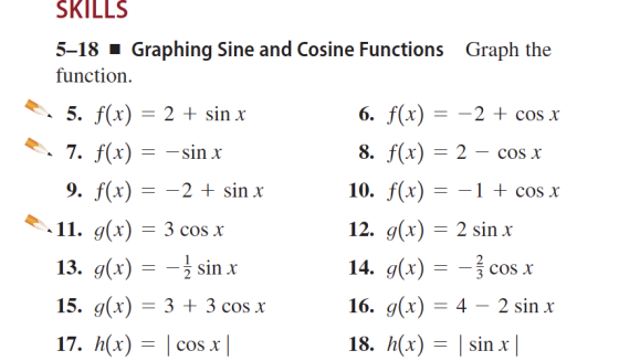 SKILLS 5–18 - Graphing Sine and Cosine Functions Graph the function. 5. f(x) = 2 + sin x 6. f(x) = -2 + cos x e. 7. f(x) = -s