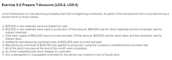 Exercise 3-2 Prepare T-Accounts [LO3-2, LO3-4) Jurvin Enterprises is a manufacturing company that had no beginning inventorie