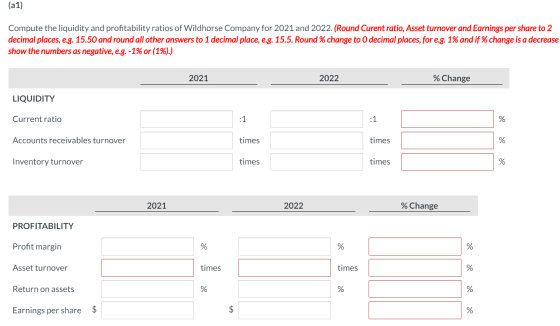 (a1) Compute the liquidity and profitability ratios of Wildhorse Company for 2021 and 2022. (Round Curent ratio, Asset turnov