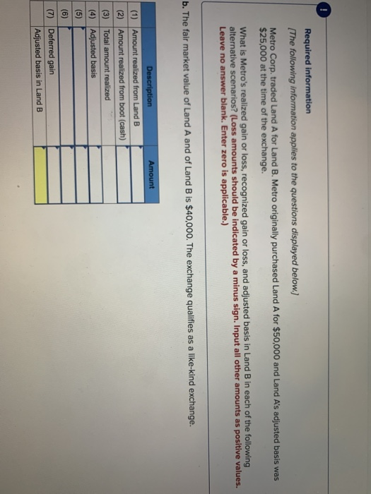 ! Required information [The following information applies to the questions displayed below.) Metro Corp. traded Land A for La