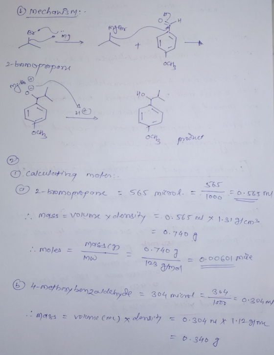 mechanism: ma ing h 2-bromopropane OHL Hod product ♡ calculating moles; - 2-bromopropane - 565 microl. – КЪ 10o = 0.565 my &