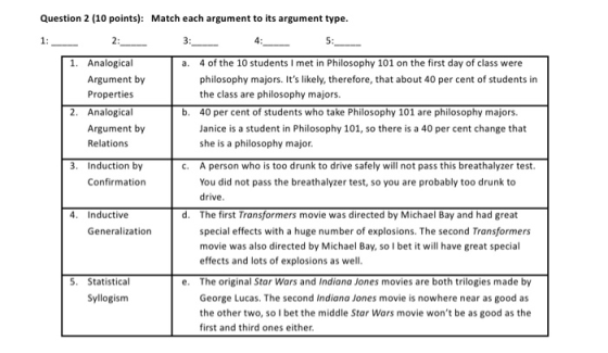 Question 2 (10 points): Match each argument to its argument type. 1: ___ 2:__ 3:____ 4:___ 5: 1. Analogical Argument by Prope