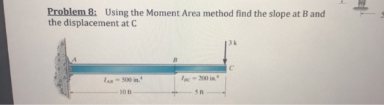 Problem 8: Using the Moment Area method find the slope at B and the displacement at C 3k C Inc 200 in. IAn500 in. 5 ft 10 ft