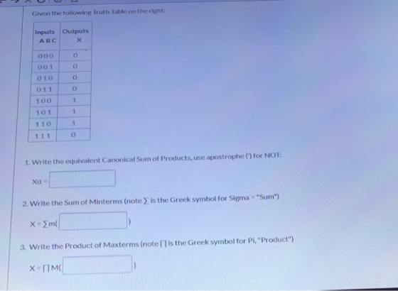 Given the following Truth Table on the right: Inputs Outputs ABC X 000 001 010 011 100 101 110 1110 1. Write the equivalent C