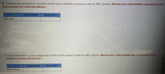 6. Calculate the production cost per unit for each of Kellers products with an ABC system. (Round your intermediate calculat