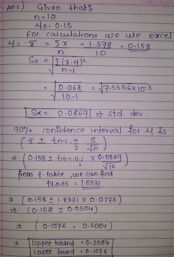 An Given thay8 for calouatons ue we ercel rn Stc 90% coneidence inteval for Hẵn 2 2 to om t table oe can ind tg,0.05 ニ 1.8331 (0-198-118331 X o: 0235) → | 0.1076 , 0.2084) bp per bound so 42084 LOLDOR bound0 1076