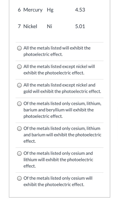 6 Mercury Hg 4.53 7 Nickel Ni 5.01 O All the metals listed will exhibit the photoelectric effect. O All the metals listed exc