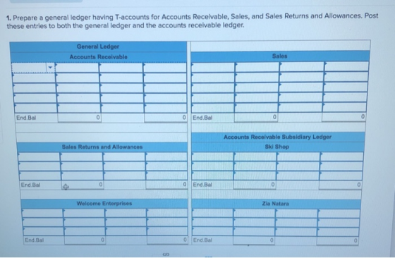 1. Prepare a general ledger having T-accounts for Accounts Receivable, Sales, and Sales Returns and Allowances. Post these en