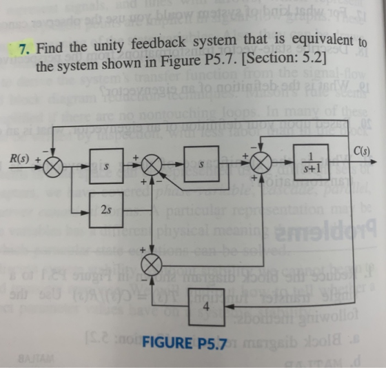 bnl dw.e blew 7. Find the unity feedback system that is equivalent to the system shown in Figure P5.7. [Section: 5.2] flow th