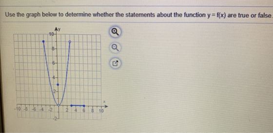 Use the graph below to determine whether the statements about the function y=f(x) are true or false. Ay 10- 8- 6 -10 -8 -6 -4