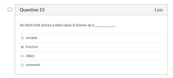 D Question 15 1 pts An item that stores a data value is known as a O variable function O object O command