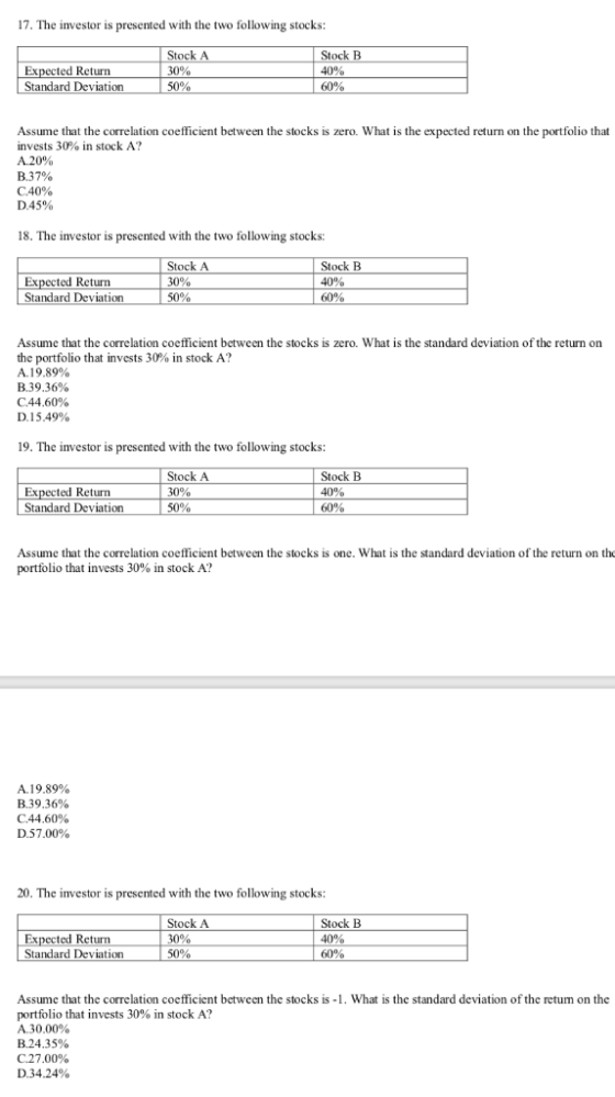 s presented with the two following stocks 17. The investor Stock A Stock B Expected Return Standard Deviation 30% 40% 60% 50%
