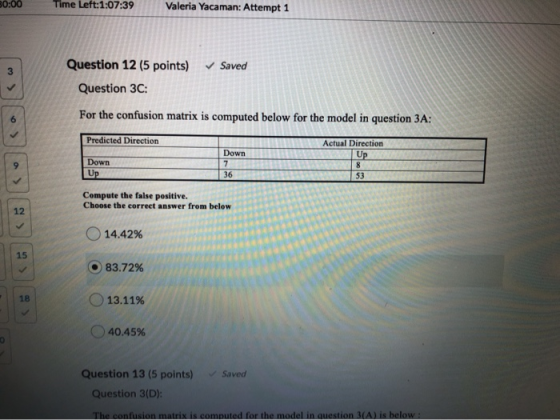 30:00 Time Left:1:07:39 Valeria Yacaman: Attempt 1 Saved 3 Question 12 (5 points) Question 3C: > 6 For the confusion matrix i
