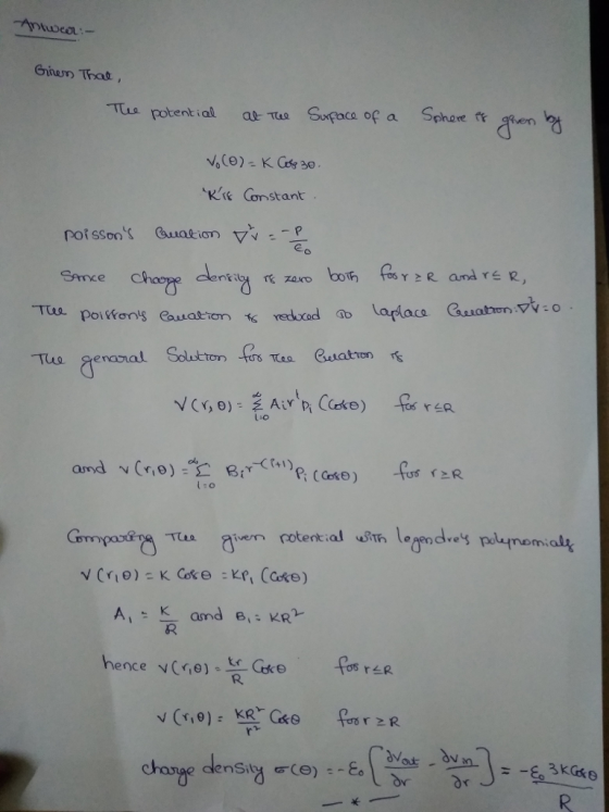 Gnum Trat, Ts potent ial a e Surpaca of a Sphee * Kk Constant Sance C ols 1:0 avar-ayn-.-6 3k@θ chonge denšiy
