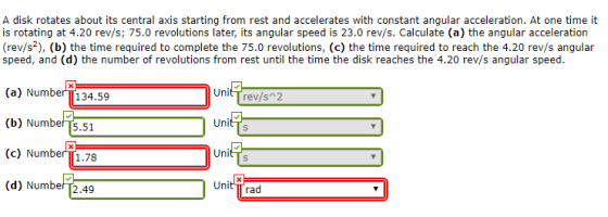 A disk rotates about its central axis starting from rest and accelerates with constant angular acceleration. At one time it i