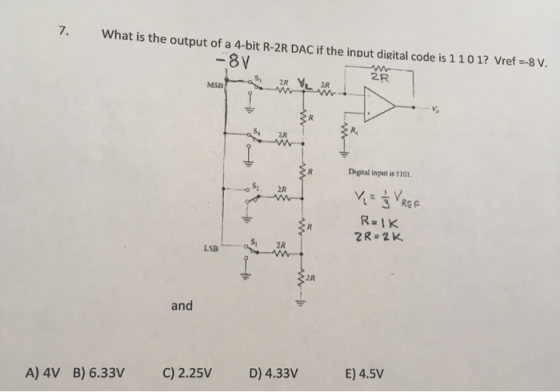 What is the output of a 4-bit R-2R DAC if the input digital code is 1101? Vref =-8 V. MSBasi 2R Digital input is t101. Y = 1/