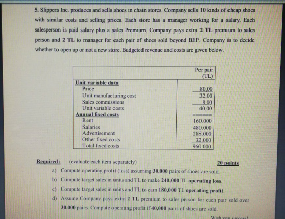 5. Slippers Inc. produces and sells shoes in chain stores. Company sells 10 kinds of cheap shoes with similar costs and selli