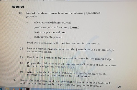 Required 1. (a) Record the above transactions in the following specialised journals: sales journal/debtors journal purchases