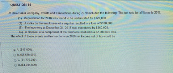 QUESTION 14 At Blue Baker Company, events and transactions during 2020 included the following. The tax rate for all items is