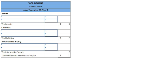 YARD DESIGNS Balance Sheet As of December 31, Year 1 Assets Total assets $ 0 Liabilities $ 0 Total liabilities Stockholders