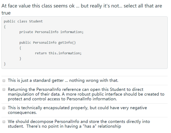 At face value this class seems ok ... but really its not... select all that are true public class Student private Personal I