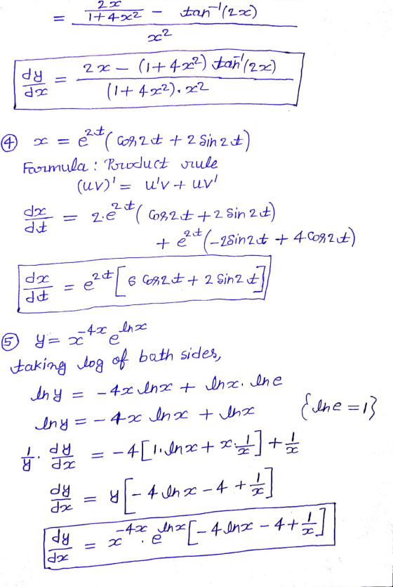 22 +4202 tan (20) 202 2x (+422) tañ (220) dy da (1+ 4-22), 2-2 2t O = ét (60m2+ 2 Sin 2 it) Foormula : Product rule (UV) =