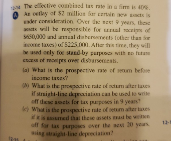 The effective combined tax rate in a firm is 40% An outlay of $2 million for certain new assets is! under consideration. Over