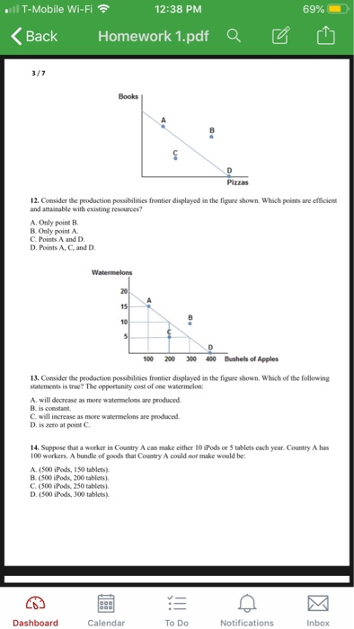 .11 T-Mobile Wi-Fi 令 12:38 PM 69% くBack Homework 1.pdfa で Books Pizzas 12. Consider the production possibilities frontier displayed in the figure shown. Which points are efficien and attainable with existing resources A. Only point B B. Only point A C.Points A and D D. Points A, C, and D 100 200 0400 Bushels of Apples 13. Consider the production possibilities frontier displayed in the figare shown. Which of the following statements is truc? The opportunity cost of one watermelon: A. will decrease as more watermelons are produced B. is constant. C. will increase as moee watermelons are prodaced D, is acro at point C 14. Suppose that a worker in Country A can make cither 10 iPods or 5 tablets cach year. Country A has 100 workers. A bundle of goods that Country A could not make would be: A. (500 iPods, 150 tablets) B < 500 iPods, 200 tablets). C(500 iPods, 250 tablets). D. (500 iPods, 300 tablets) Dashboard Calendar To Do Notifications Inbox
